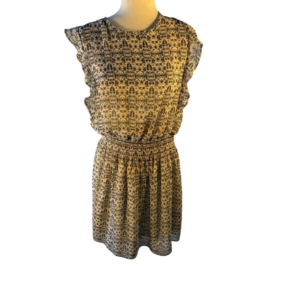 Black and White Printed Midi Dress with Shirred Waist